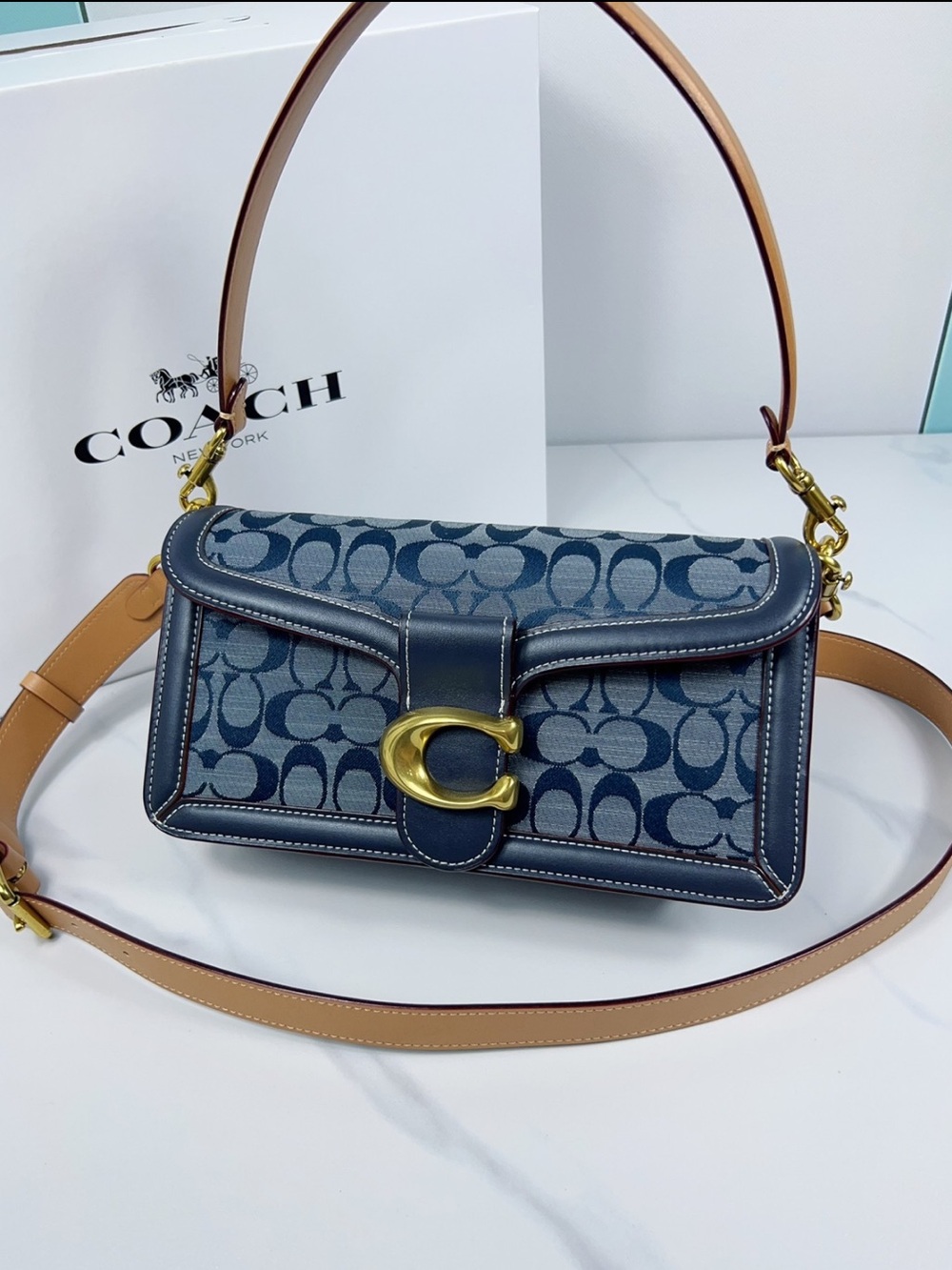 Coach denim Signature Canvas Shoulder Bag with Tan Strap and Gold C